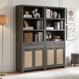 Rattan Double Doors Wooden 5-Tier Tall Bookcase Cabinet