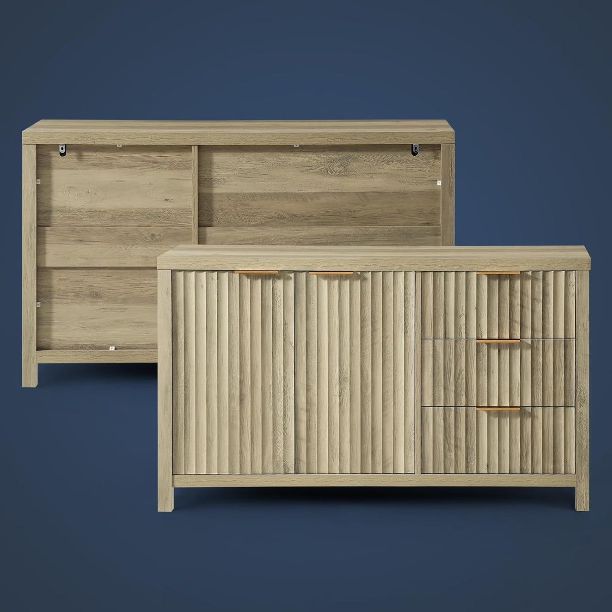 Wooden Fluted Storage Cabinet with Double Doors and 3 Drawers