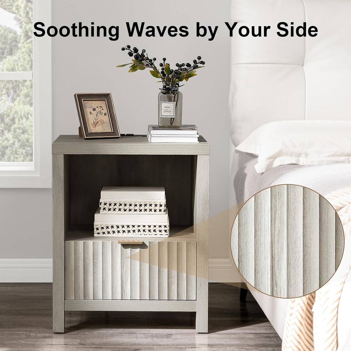 Fluted Nightstand with Charging Station with Drawer Storage