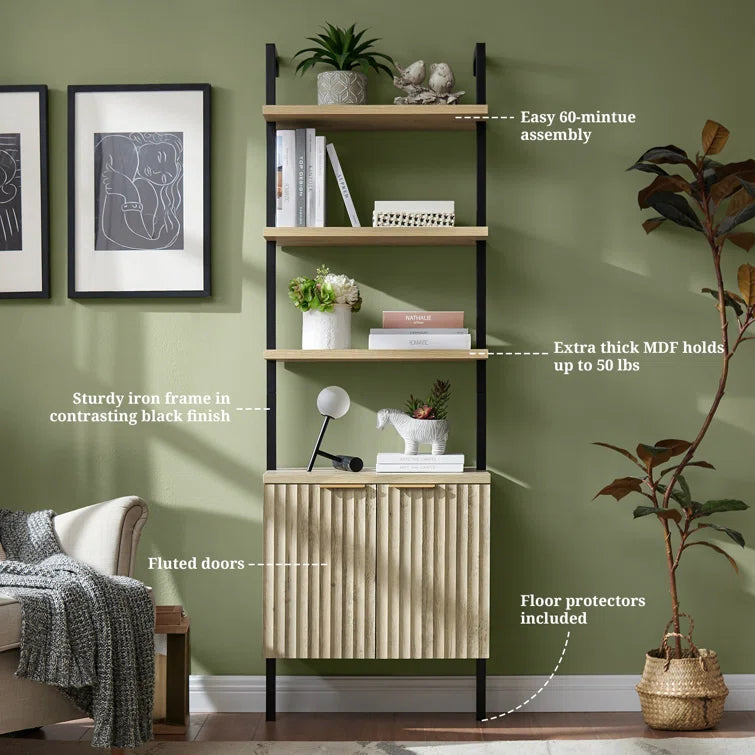 Wooden Fluted Ladder 5 Tier Open Tall Bookshelf