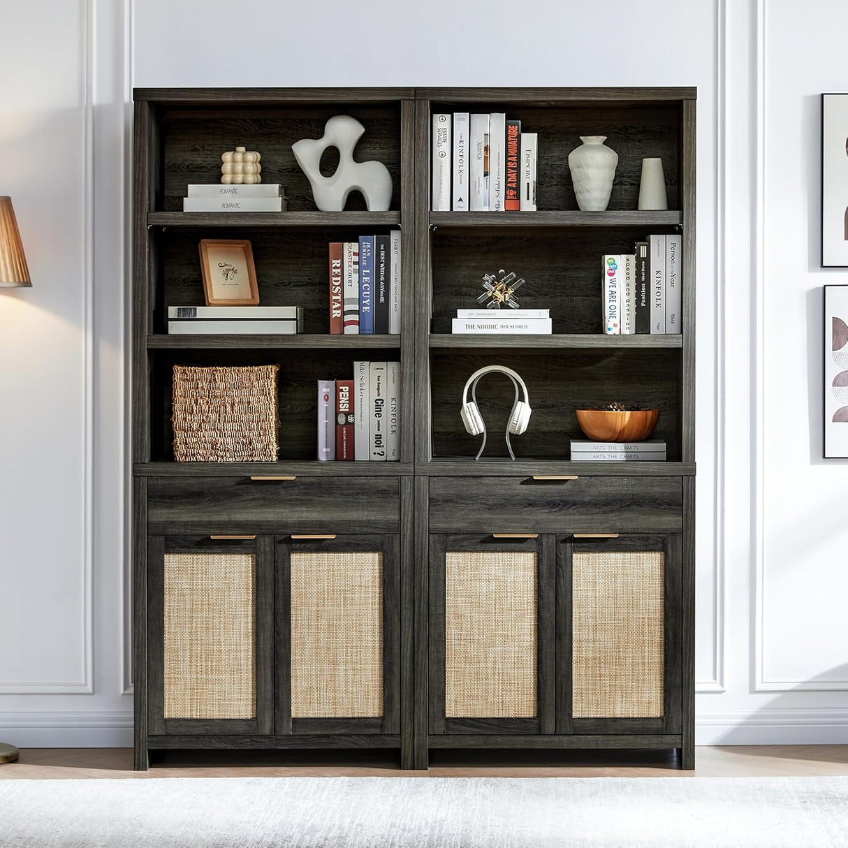 Hampstead Rattan 5-Shelf Bookcase with Door Cabinet