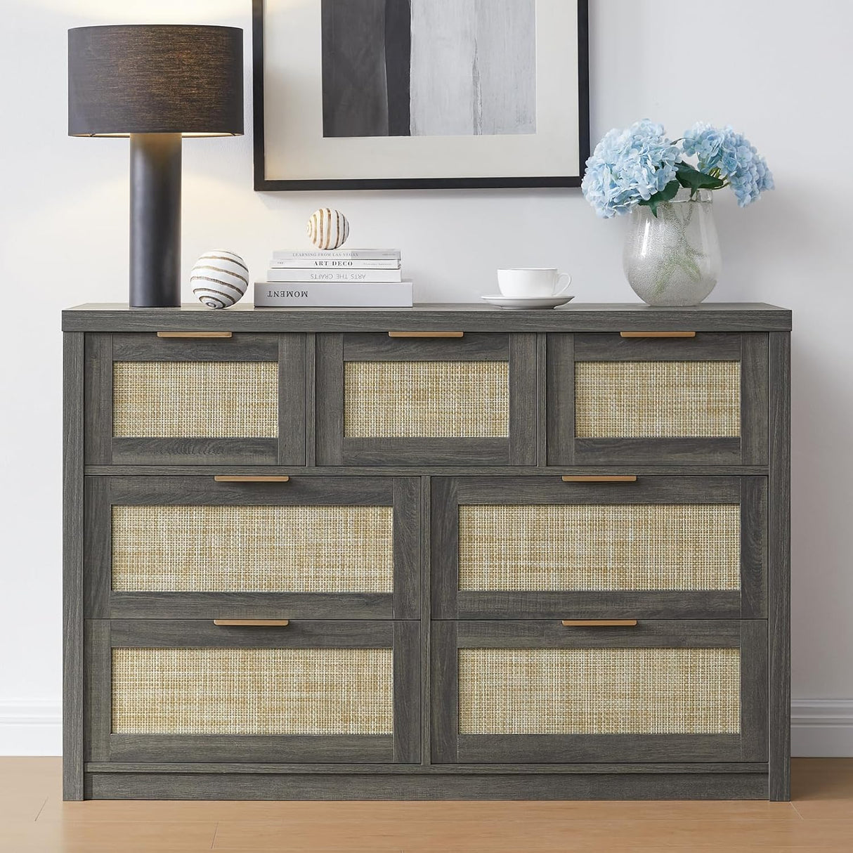 7 Drawer Dresser for Bedroom - Rattan dresser with metallic handles