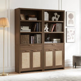 Rattan Double Doors Wooden 5-Tier Tall Bookcase Cabinet