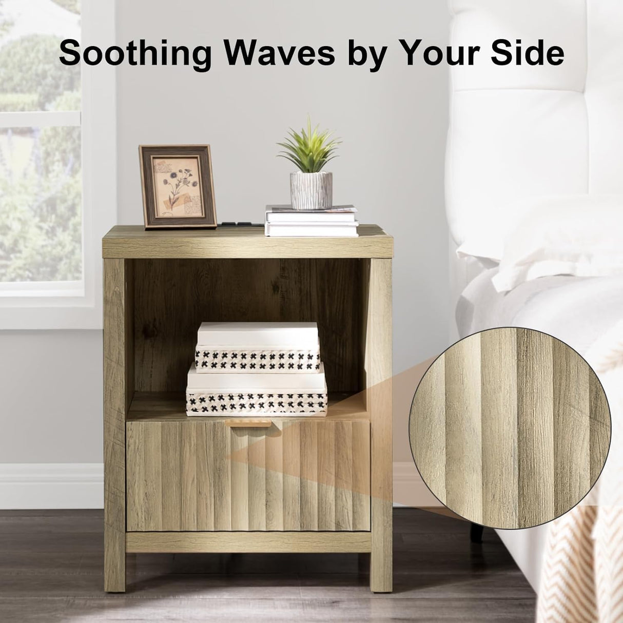 Fluted Nightstand with Charging Station with Drawer Storage