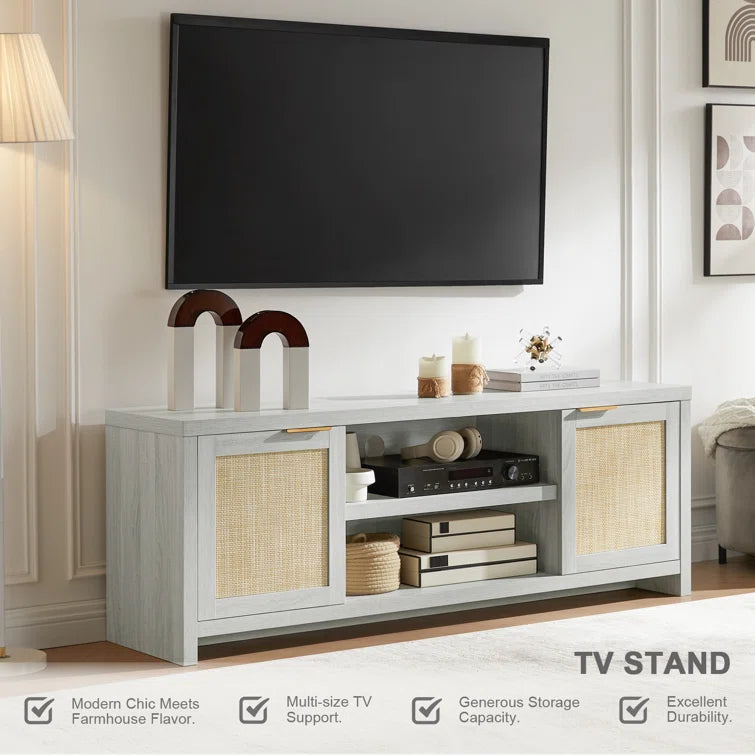 Rattan 65-Inch TV Stand with 2-Door Storage