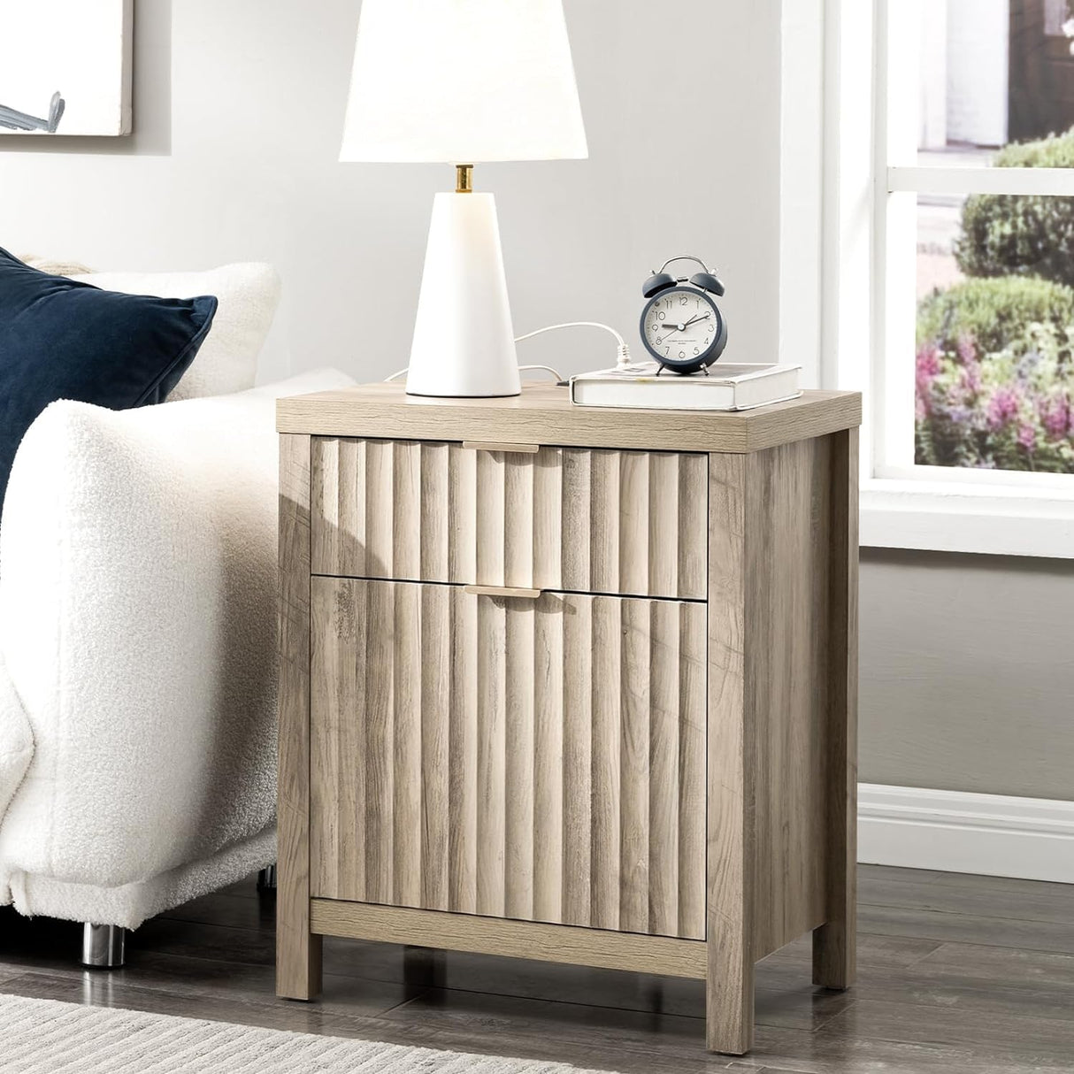 Oxford 2 Drawer Nightstand with Charging Station, Fluted Panel