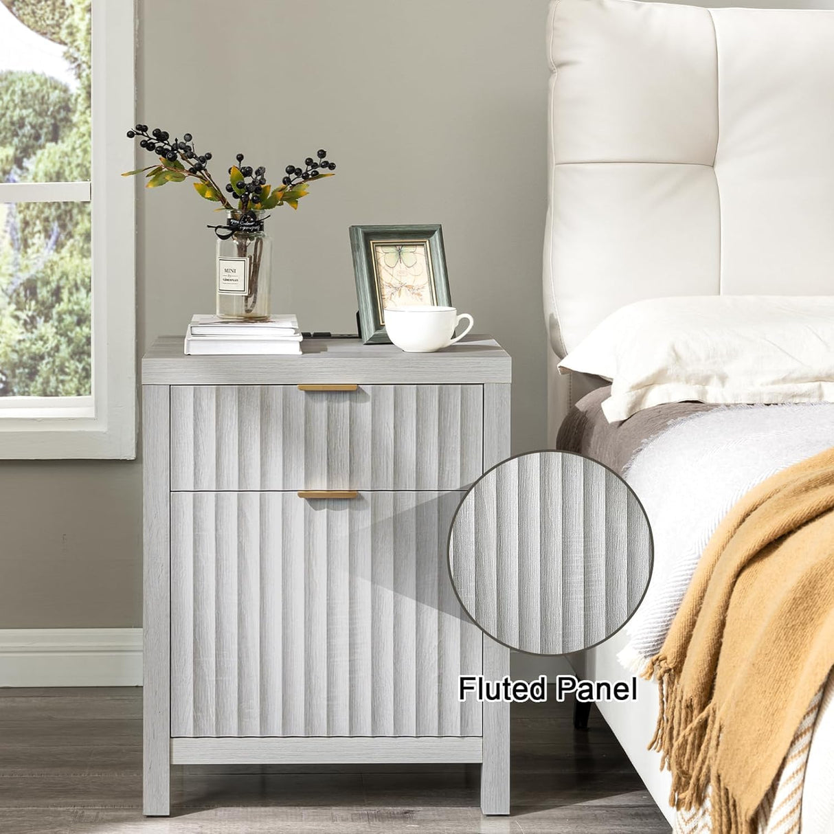 Oxford 2 Drawer Nightstand with Charging Station, Fluted Panel