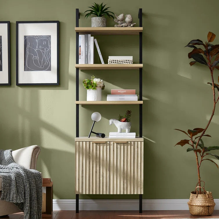 Wooden Fluted Ladder 5 Tier Open Tall Bookshelf