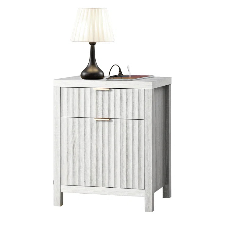 Wooden Fluted 2-Drawer Nightstand with Charging Station