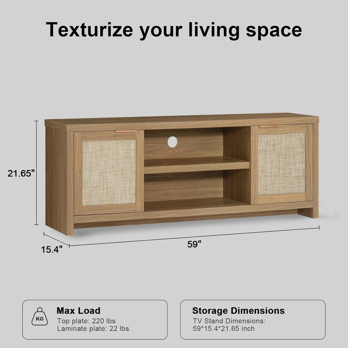 Rattan 65-Inch TV Stand with 2-Door Storage