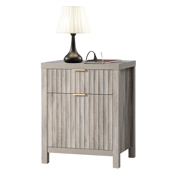 Wooden Fluted 2-Drawer Nightstand with Charging Station