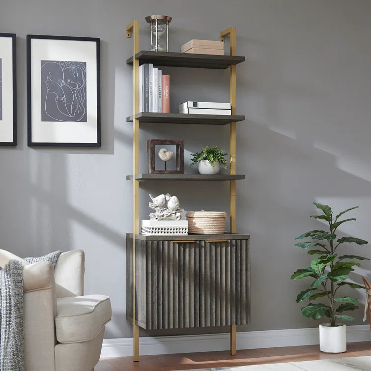 Wooden Fluted Ladder 5 Tier Open Tall Bookshelf