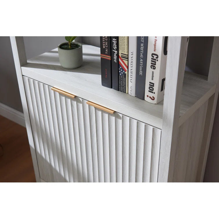 Wooden Fluted 5-Tier Large Tall Book Shelf with Doors Cabinet