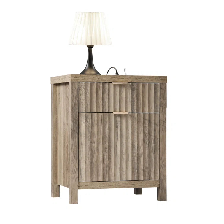 Wooden Fluted 2-Drawer Nightstand with Charging Station