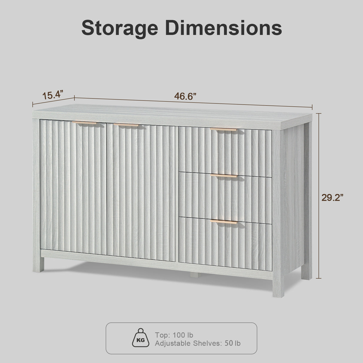 Wooden Fluted Storage Cabinet with Double Doors and 3 Drawers