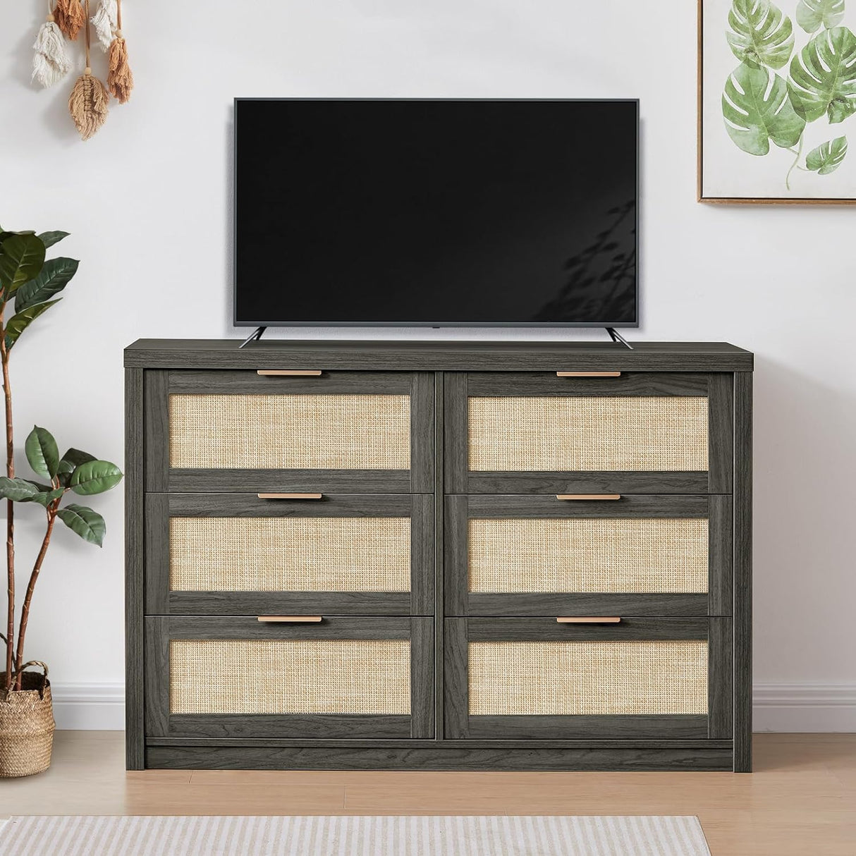 6 Drawer Dresser for Bedroom, Bohemian Rattan Storage