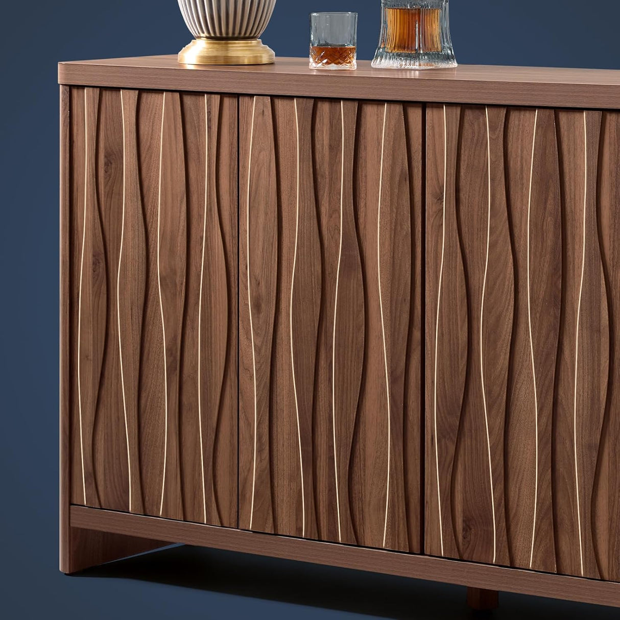 Wooden Wave Pattern 3-Door Storage Cabinet