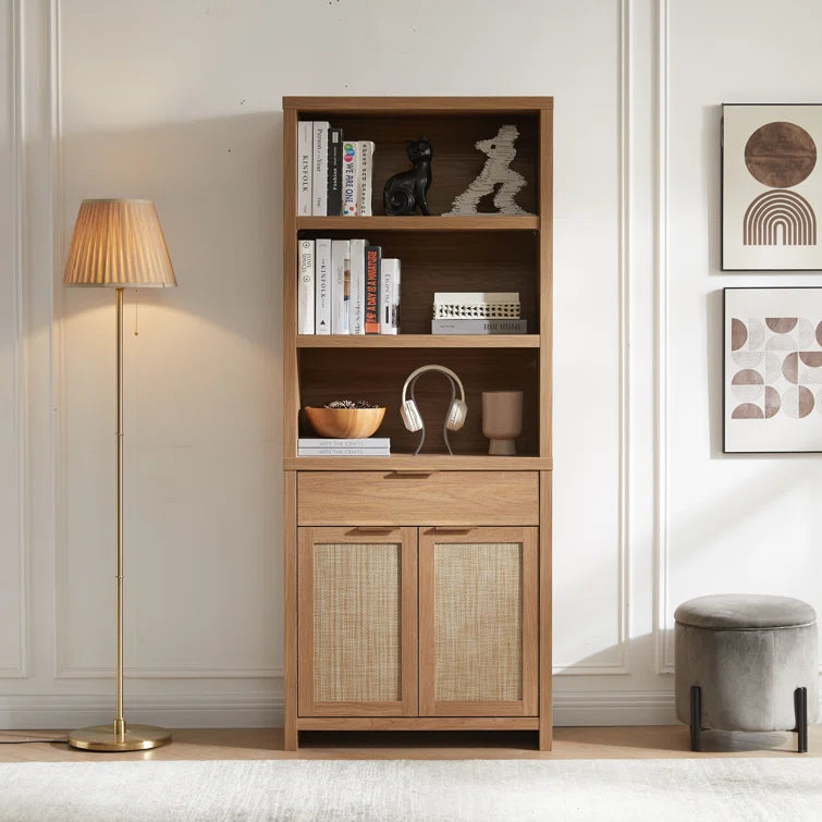 Rattan Double Doors Wooden 5-Tier Tall Bookcase Cabinet