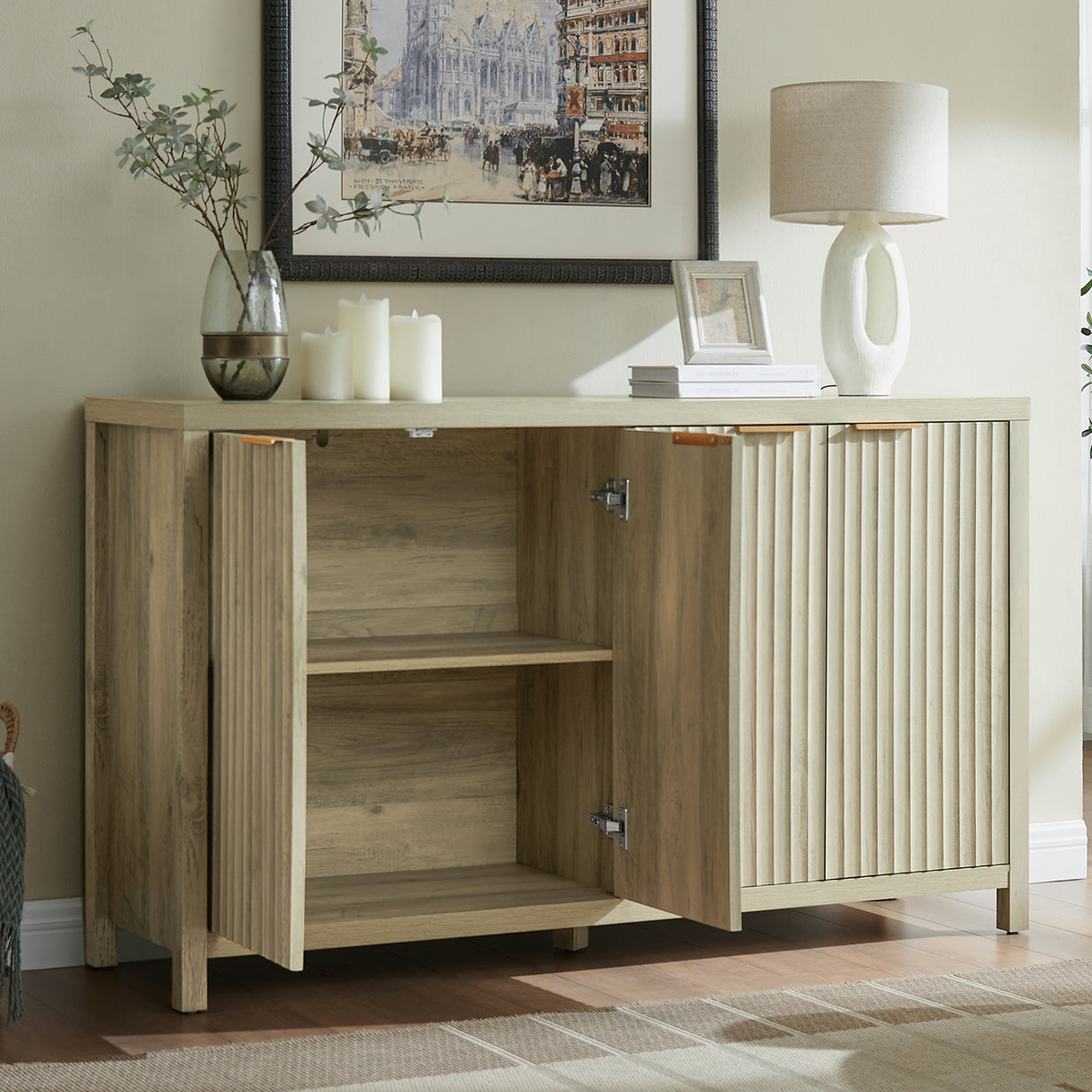 Wooden Fluted Storage Cabinet with 4 Doors