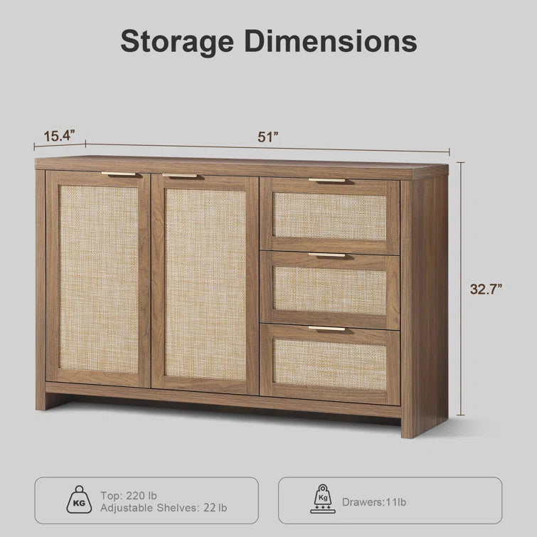 Rattan 3-Drawer 2-Door Storage Cabinet