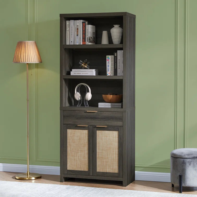 Rattan Double Doors Wooden 5-Tier Tall Bookcase Cabinet