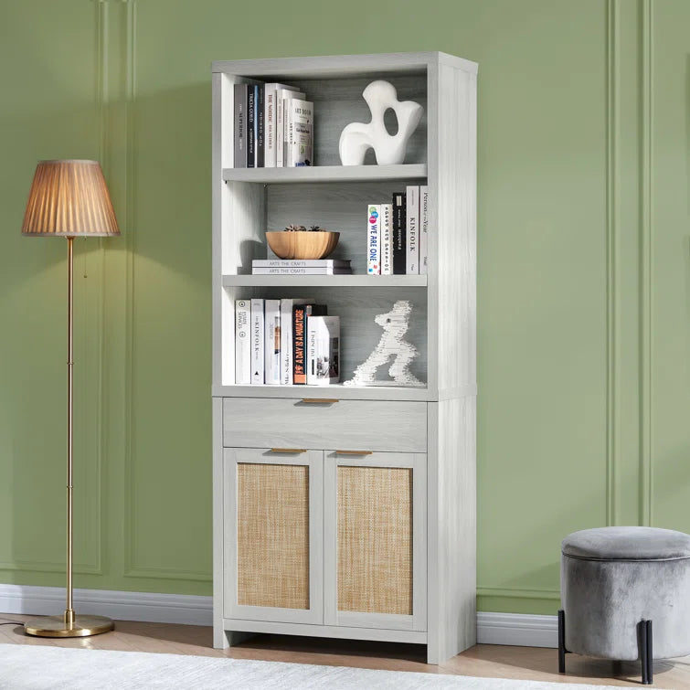 Rattan Double Doors Wooden 5-Tier Tall Bookcase Cabinet