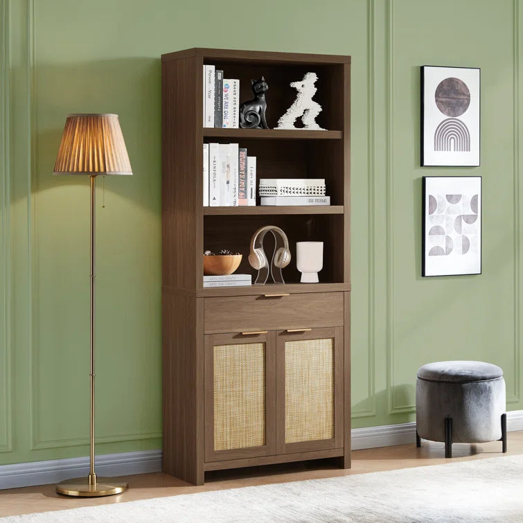 Rattan Double Doors Wooden 5-Tier Tall Bookcase Cabinet