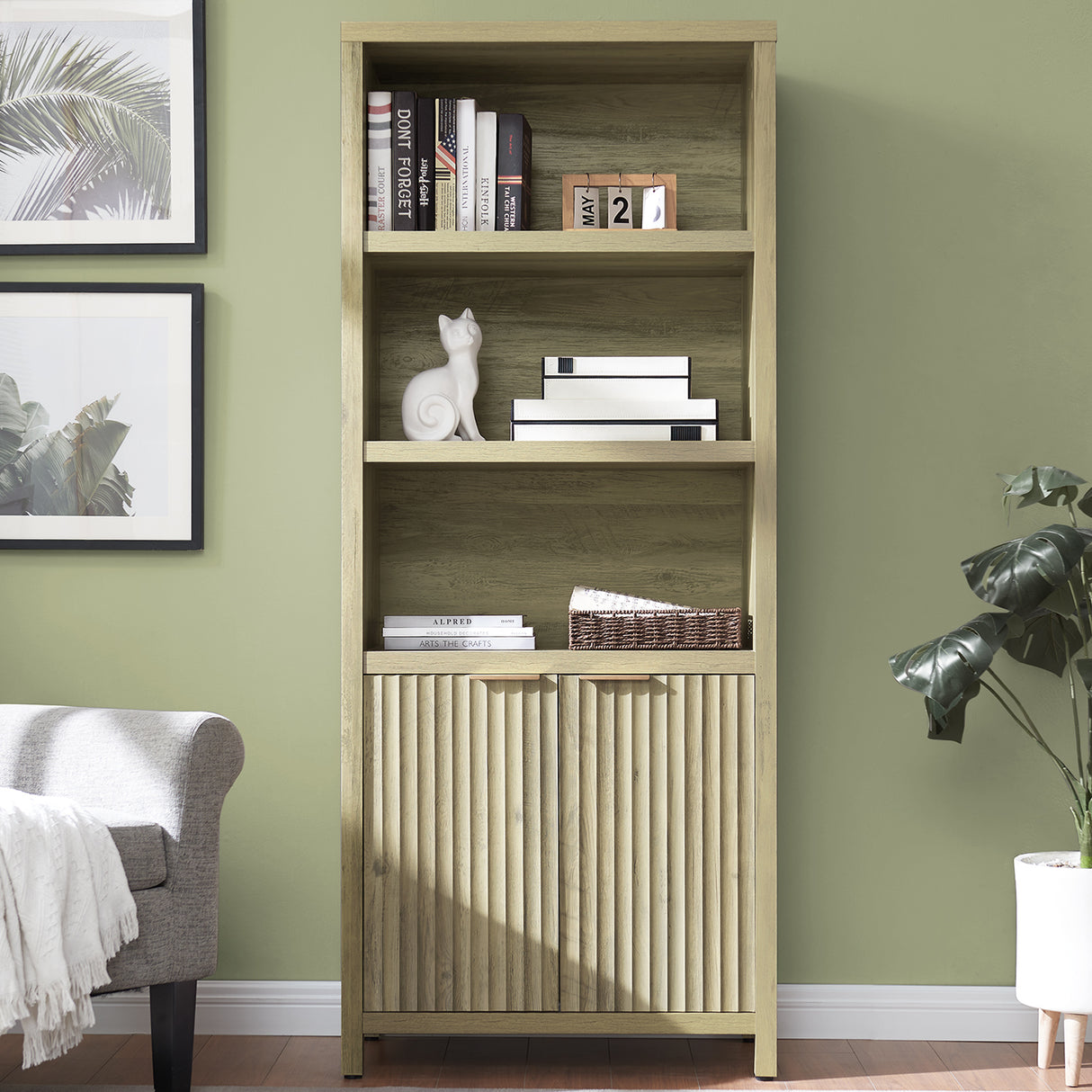 Wooden Fluted 5-Tier Tall Bookcase Cabinet with Doors