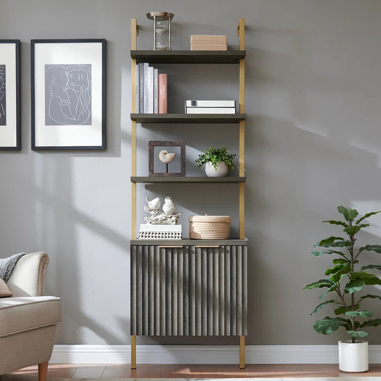 Wooden Fluted Ladder 5 Tier Open Tall Bookshelf