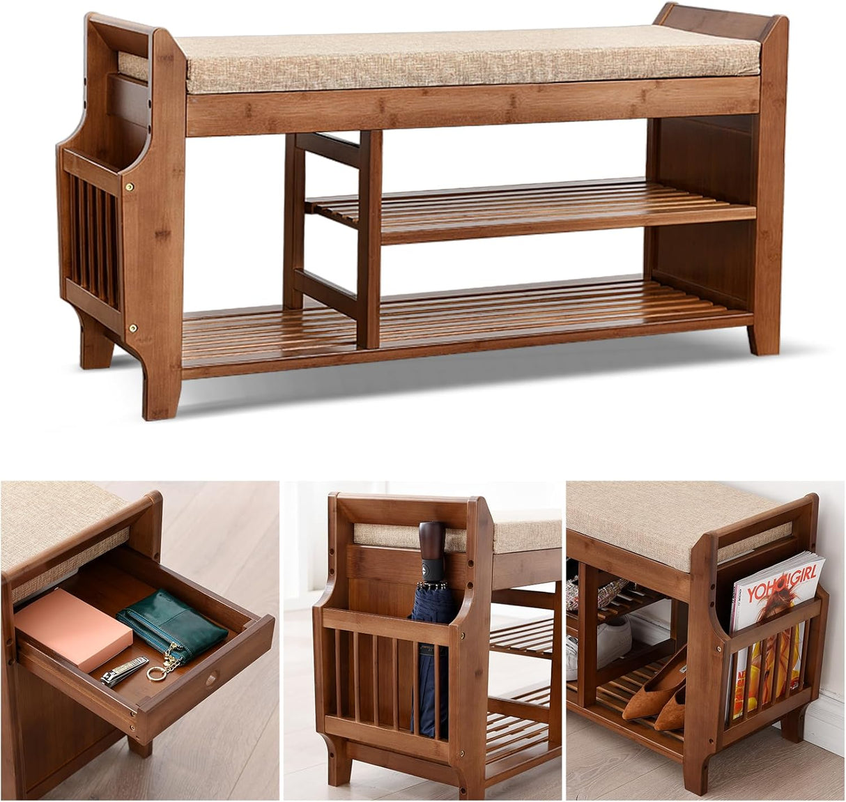 Bamboo Shoe Storage Bench with Hidden Drawer and Side Holder