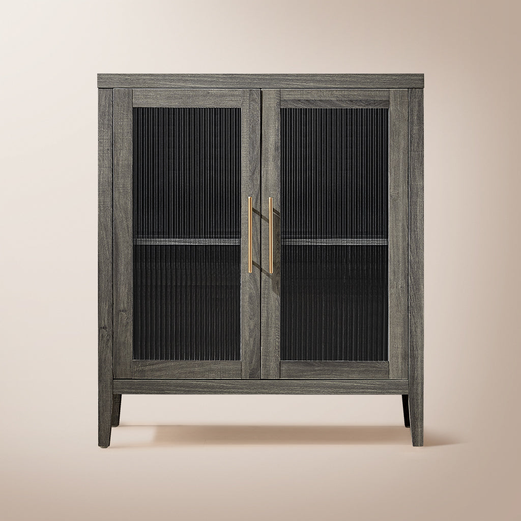 Fluted Reeded Glass Double Doors Accent Entryway Console Cabinet