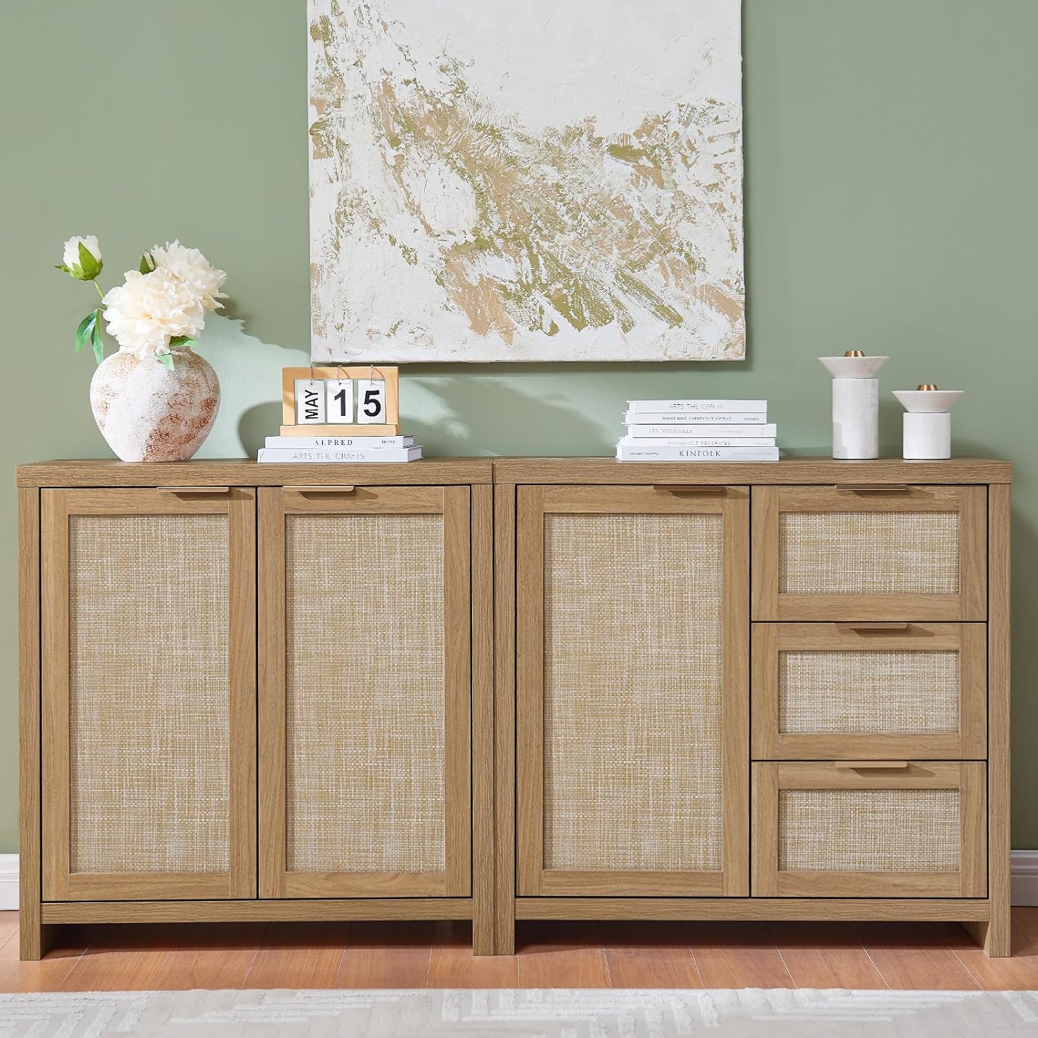 Hampstead Storage Cabinet Set, Rattan Sideboard Buffet Cabinet With 3