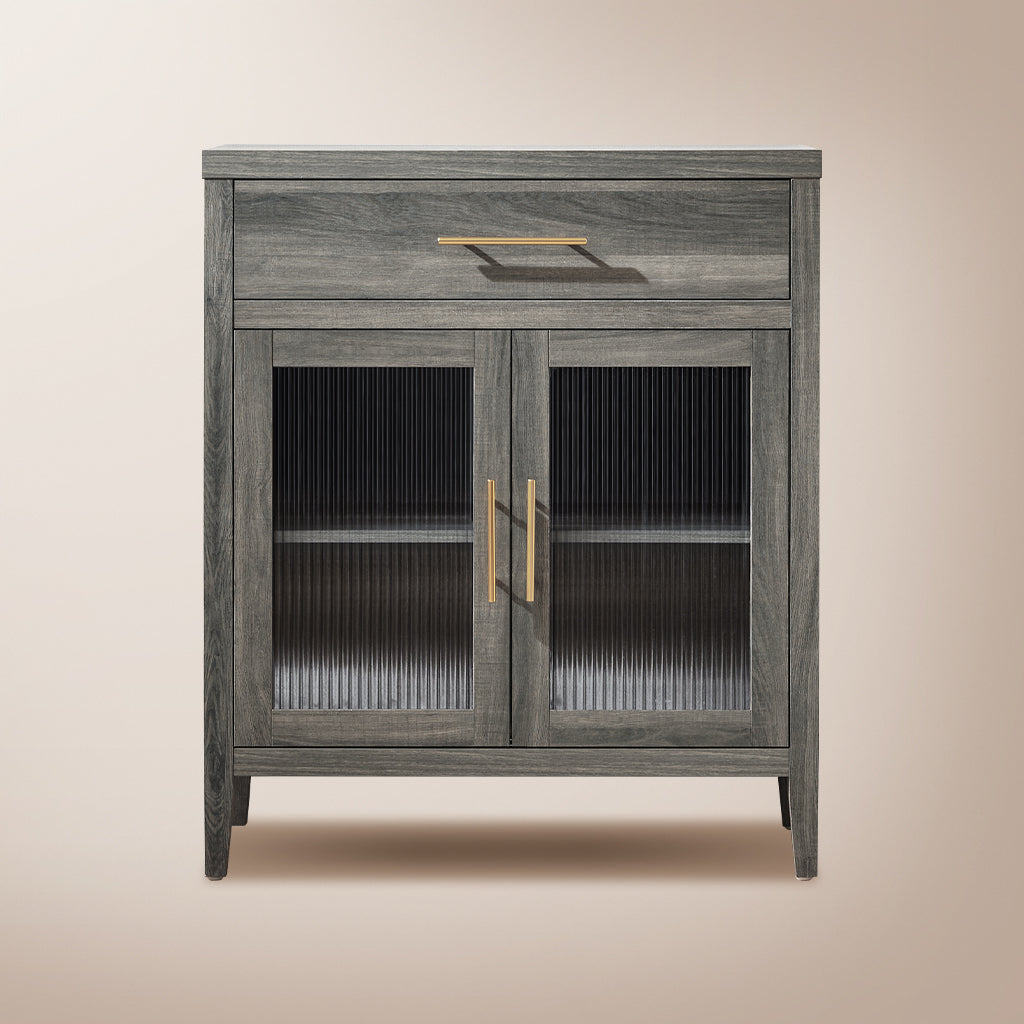 Fluted Reeded Glass Double Doors Wooden Sideboard with a Drawer