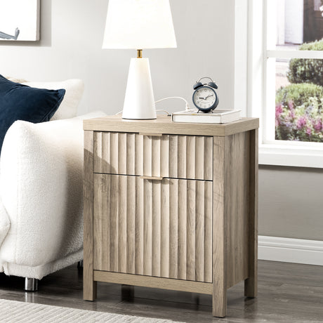 Wooden Fluted 2-Drawer Nightstand with Charging Station