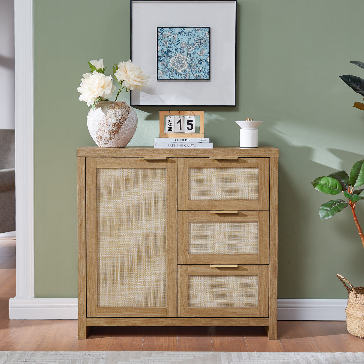 Rattan 3-Drawer 1-Door Storage Cabinet