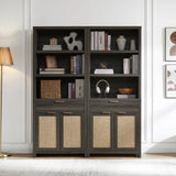 Rattan Double Doors Wooden 5-Tier Tall Bookcase Cabinet