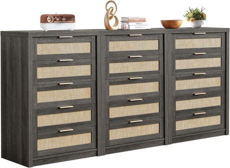 Rattan 5 Drawer Dresser Storage Cane Cabinet