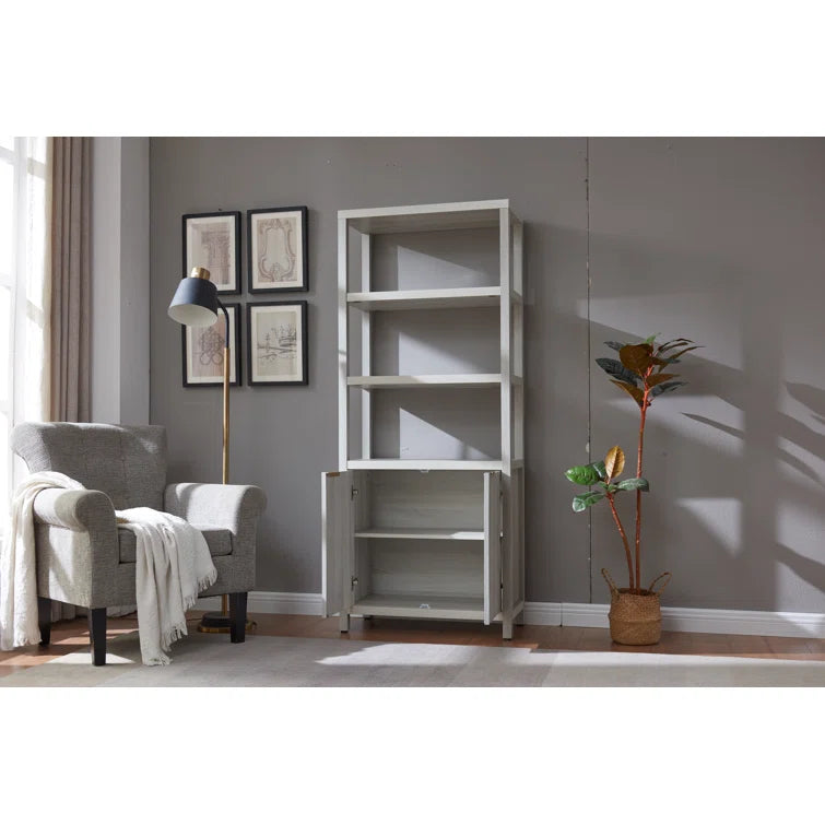 Wooden Fluted 5-Tier Large Tall Book Shelf with Doors Cabinet