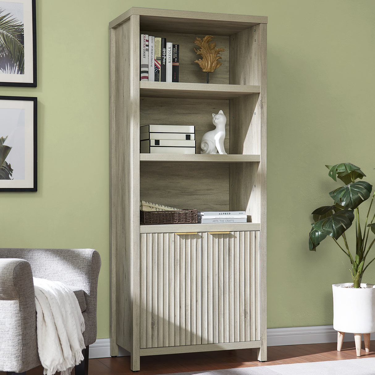 Wooden Fluted 5-Tier Tall Bookcase Cabinet with Doors