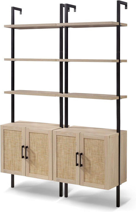 Ladder 5 Tier Bookshelf with Rattan Cabinet, 73" Tall Bookshelf with Oak Wood Storage,Wall Mount Bookshelves with Steel Frame Plant Display for Bedroom, Living Room(Midnight Oak)