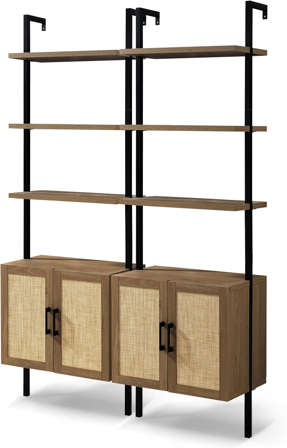 Ladder 73" 5-Shelf Bookcase with Rattan Cabinet