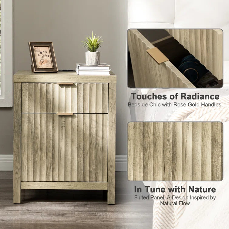 Wooden Fluted 2-Drawer Nightstand with Charging Station