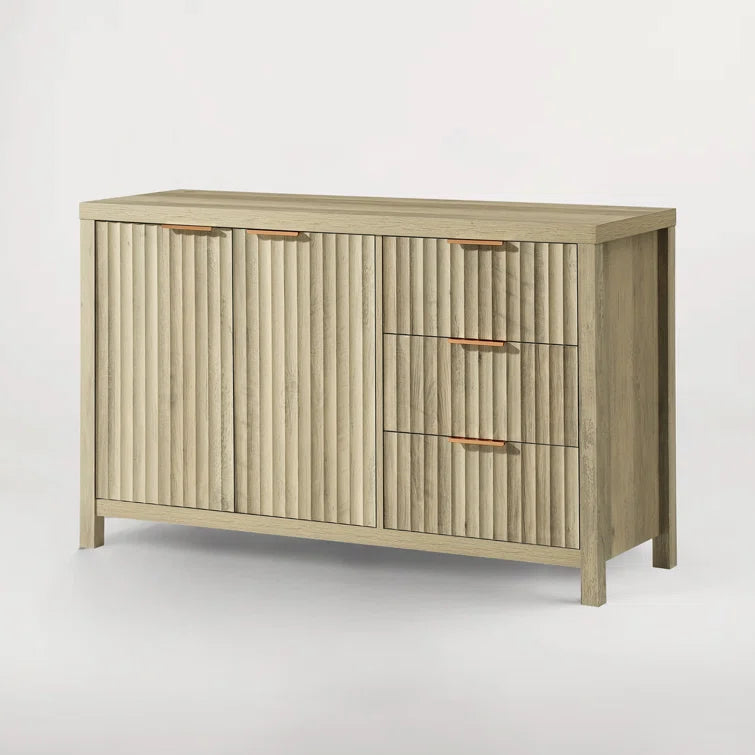 Wooden Fluted Storage Cabinet with Double Doors and 3 Drawers