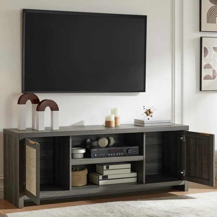 Rattan 65-Inch TV Stand with 2-Door Storage