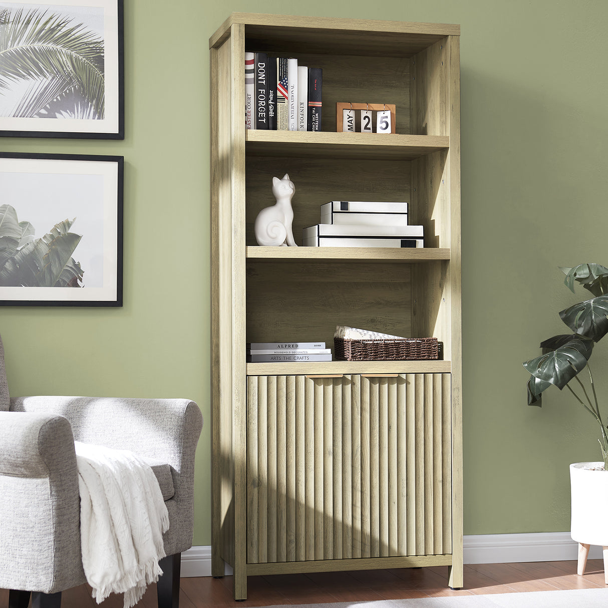 Wooden Fluted 5-Tier Tall Bookcase Cabinet with Doors