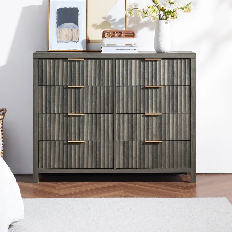 Wooden Fluted Wide Modern Chest of 8 Drawers