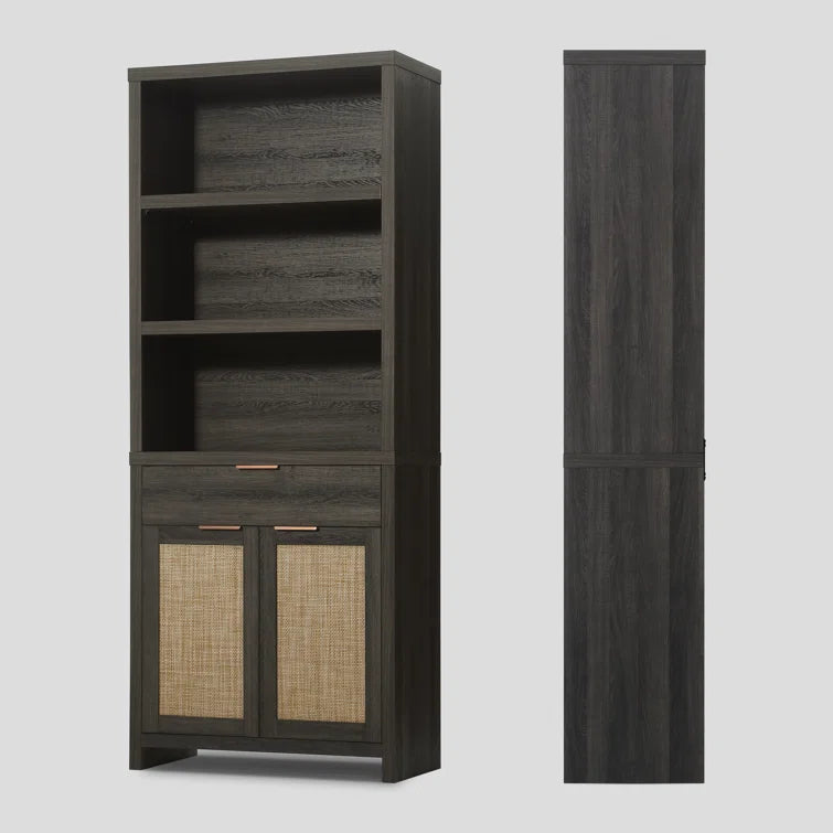 Rattan Double Doors Wooden 5-Tier Tall Bookcase Cabinet