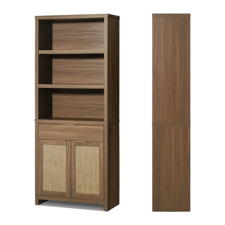 Rattan Double Doors Wooden 5-Tier Tall Bookcase Cabinet