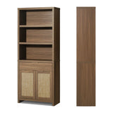 Rattan Double Doors Wooden 5-Tier Tall Bookcase Cabinet