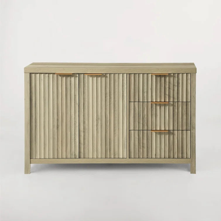 Wooden Fluted Storage Cabinet with Double Doors and 3 Drawers